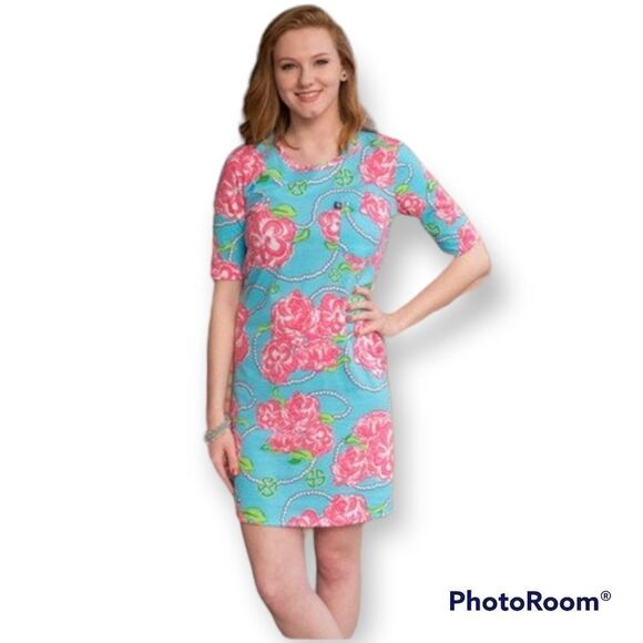 Simply Southern x-large blue pink rose & pearl casual cotton t-shirt dress - Picture 1 of 5